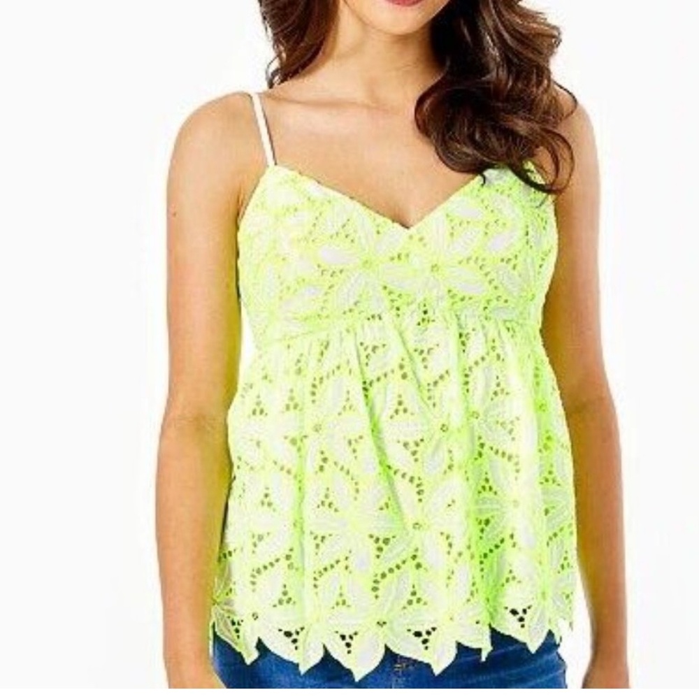 Lilly Pulitzer Mellie Eyelet Lace Top Pepino Embroidered Neon Green Sz 14